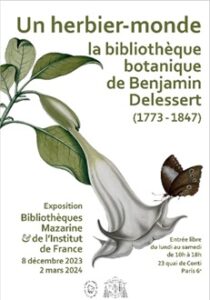 Affiche de l'exposition de la bibliothèque botanique : une fleur avec un papillon.